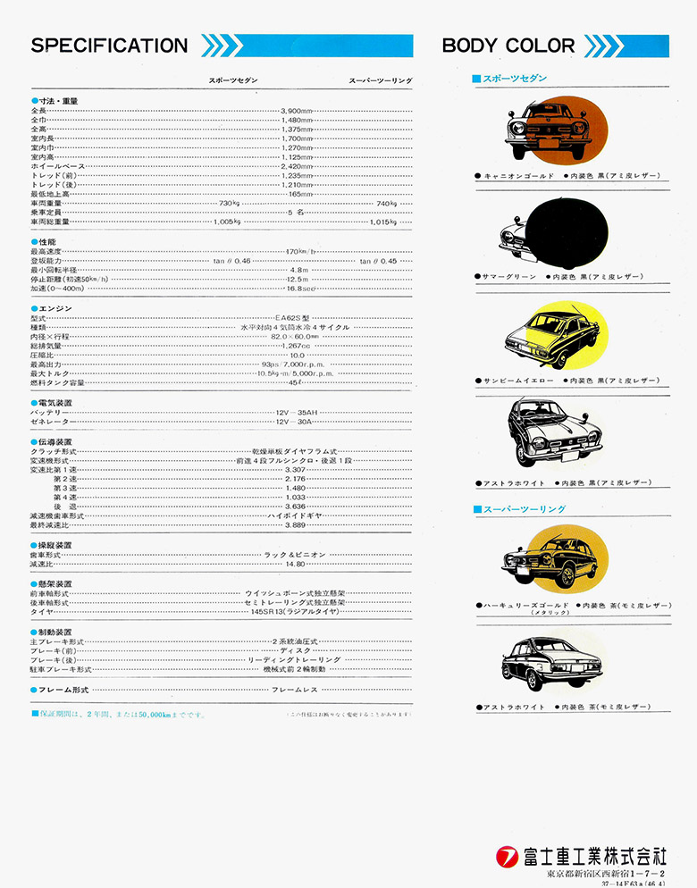 昭和46年4月 NEW スバル 1300G スポーツセダン＆スーパーツーリング カタログ(2)